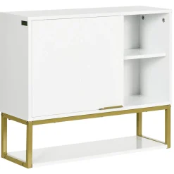Armoire murale de salle de bain - porte, 2 étagères, 2 niches - acier doré MDF blanc