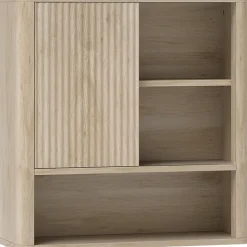Armoire murale de salle de bain style bohème chic - porte coulissante, étagère, niche - effet bois clair