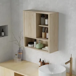Armoire murale de salle de bain style bohème chic - porte coulissante, étagère, niche - effet bois clair