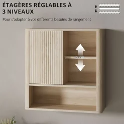 Armoire murale de salle de bain style bohème chic - porte coulissante, étagère, niche - effet bois clair