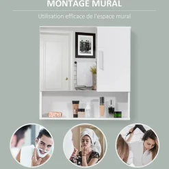 Armoire murale miroir de salle de bain - 2 portes, étagères, niche - dim. 54L x 15,2l x 55,3H cm - MDF blanc