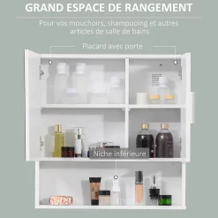 Armoire murale miroir de salle de bain - 2 portes, étagères, niche - dim. 54L x 15,2l x 55,3H cm - MDF blanc