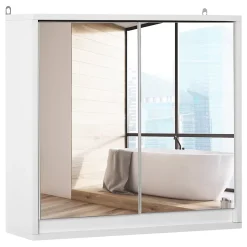 Armoire murale miroir salle de bain 2 étagères dim. 48L x 14l x 45H cm panneaux particules MDF blanc