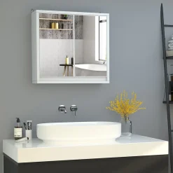 Armoire murale miroir salle de bain 2 étagères dim. 48L x 14l x 45H cm panneaux particules MDF blanc