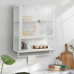 Armoire Murale Moderne avec Portes Vitrées et Porte-Serviettes, Meuble Mural avec Étagères - 60x23x78 cm - Blanc, Verre+Métal