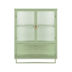 Armoire Murale Moderne avec Portes Vitrées et Porte-Serviettes, Meuble Mural avec Étagères - 60x23x78 cm - Vert, Verre+Métal