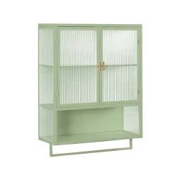 Armoire Murale Moderne avec Portes Vitrées et Porte-Serviettes, Meuble Mural avec Étagères - 60x23x78 cm - Vert, Verre+Métal