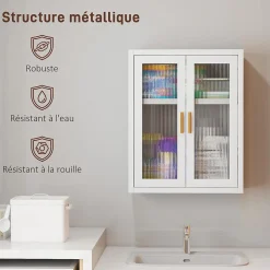 Armoire murale métal salle de bain étagère 2 portes acrylique cannelé 40 x 14 x 50 cm blanc doré