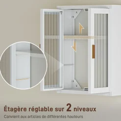 Armoire murale métal salle de bain étagère 2 portes acrylique cannelé 40 x 14 x 50 cm blanc doré