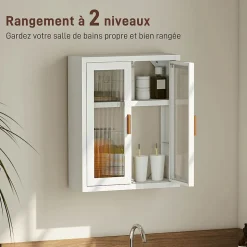 Armoire murale métal salle de bain étagère 2 portes acrylique cannelé 40 x 14 x 50 cm blanc doré