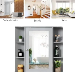 Armoire Murale pour Salle de Bain 10 Etageres avec Miroir Plusieurs Tablettes de Differentes Tailles 65 x 17 x 63CM Gris