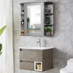 Armoire Murale pour Salle de Bain 10 Etageres avec Miroir Plusieurs Tablettes de Differentes Tailles 65 x 17 x 63CM Gris