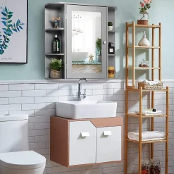 Armoire Murale pour Salle de Bain 10 Etageres avec Miroir Plusieurs Tablettes de Differentes Tailles 65 x 17 x 63CM Gris