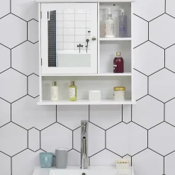 Armoire murale salle de bain armoire à glace placard de rangement toilettes 1 porte niche + étagères latérales MDF blanc