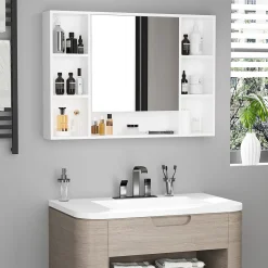 Armoire murale salle de bain avec miroir - 7 niches, étagère - 100 x 15 x 70 cm - MDF blanc