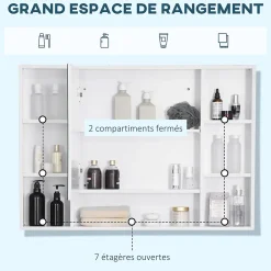 Armoire murale salle de bain avec miroir - 7 niches, étagère - 100 x 15 x 70 cm - MDF blanc
