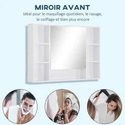 Armoire murale salle de bain avec miroir - 7 niches, étagère - 100 x 15 x 70 cm - MDF blanc