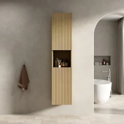 Armoire murale salle de bain 160 cm, meuble étroit avec 2 portes et 1 compartiment ouvert, finition bois Corolla