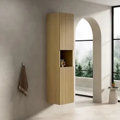 Armoire murale salle de bain 160 cm, meuble étroit avec 2 portes et 1 compartiment ouvert, finition bois Corolla