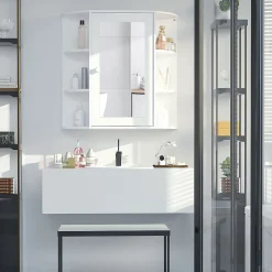 Armoire murale salle de bain blanche avec miroir, 8 compartiments, meuble suspendu multifonction, 66 x 17 x 63 cm