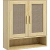 Armoire murale salle de bain WC style bohème - 2 portes, étagère, niche - effet rotin bois clair