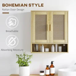 Armoire murale salle de bain WC style bohème - 2 portes, étagère, niche - effet rotin bois clair