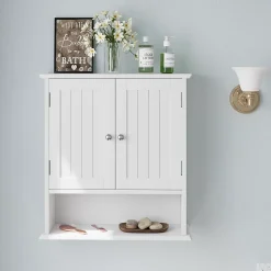 Armoire murale salle de bain blanche à double porte, armoire à pharmacie avec étagères réglables, multi-usage