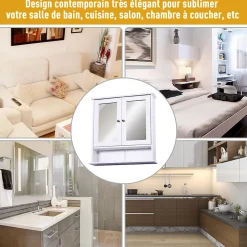 Armoire murale étagère salle de bain 56L x 13l x 58H cm double porte miroir étagère réglable MDF blanc