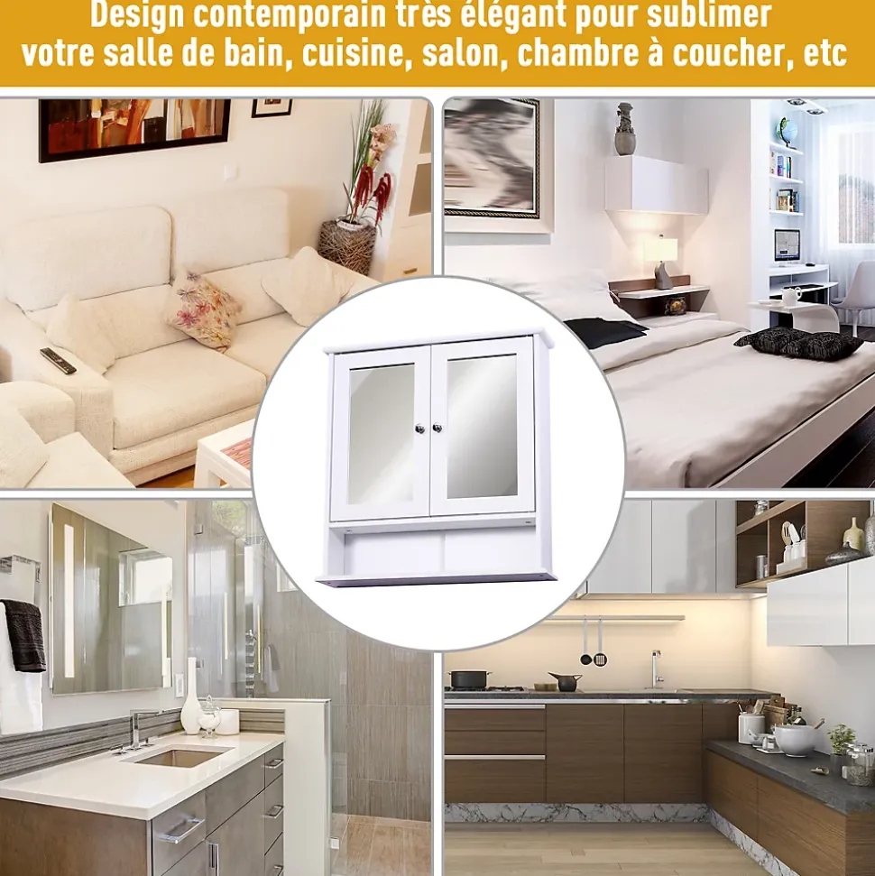 Armoire murale étagère salle de bain 56L x 13l x 58H cm double porte miroir étagère réglable MDF blanc