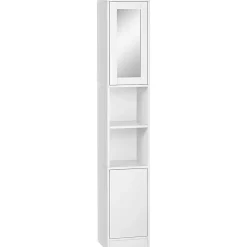Armoire salle de bain, meuble de rangement colonne avec miroir, 2 portes, étagères réglables, 30x28x170cm, blanc