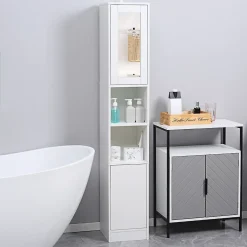 Armoire salle de bain, meuble de rangement colonne avec miroir, 2 portes, étagères réglables, 30x28x170cm, blanc