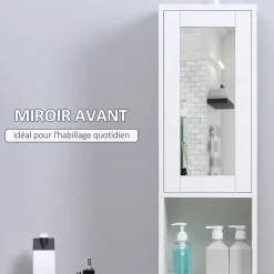 Armoire salle de bain, meuble de rangement colonne avec miroir, 2 portes, étagères réglables, 30x28x170cm, blanc