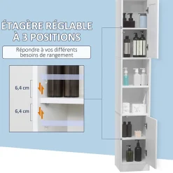 Armoire salle de bain, meuble de rangement colonne avec miroir, 2 portes, étagères réglables, 30x28x170cm, blanc