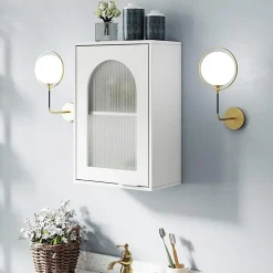 Armoire Salle de Bain,avec Porte en Verre Trempé Canne, au-Dessus des Toilettes avec Étagère Réglable pour Salon Buanderie, Blanc