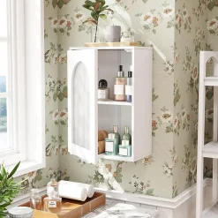 Armoire Salle de Bain,avec Porte en Verre Trempé Canne, au-Dessus des Toilettes avec Étagère Réglable pour Salon Buanderie, Blanc