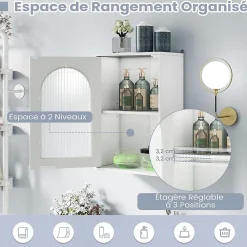 Armoire Salle de Bain,avec Porte en Verre Trempé Canne, au-Dessus des Toilettes avec Étagère Réglable pour Salon Buanderie, Blanc