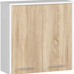 Armoire salle de bains AKORD FIN Meuble Haut Suspendue Blanche 60 cm 2 portes façade Chêne Sonoma 2 étagères 60x22,5x60 cm