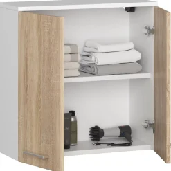 Armoire salle de bains AKORD FIN Meuble Haut Suspendue Blanche 60 cm 2 portes façade Chêne Sonoma 2 étagères 60x22,5x60 cm
