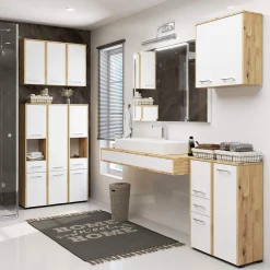 Armoire salle de bains AKORD FIN accr. au mur Chêne Artisan 60 cm 2 portes façade Blanche 2 étagères 60x22,5x60 cm