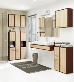 Armoire salle de bains AKORD FIN Meuble Haut Suspendue Wengé 60 cm 2 portes façade Chêne Sonoma 2 étagères 60x22,5x60 cm