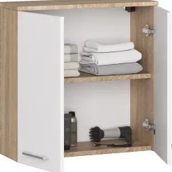 Armoire salle de bains AKORD FIN Meuble Haut Suspendue Chêne Sonoma 60 cm 2 portes façade Blanche 2 étagères 60x22,5x60 cm