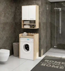 Armoire salle de bains suspendue AKORD FIN Chêne Sonoma 64 cm 2 portes façade Blanche 4 étagères 64x30x94 cm