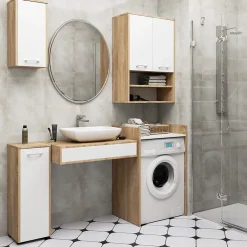 Armoire salle de bains suspendue AKORD FIN Chêne Sonoma 64 cm 2 portes façade Blanche 4 étagères 64x30x94 cm