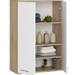 Armoire salle de bains suspendue AKORD FIN Chêne Sonoma 64 cm 2 portes pleine Blanche 4 étagères 64x30x94 cm