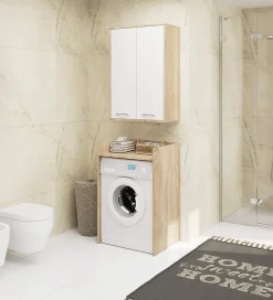 Armoire salle de bains suspendue AKORD FIN Chêne Sonoma 64 cm 2 portes pleine Blanche 4 étagères 64x30x94 cm