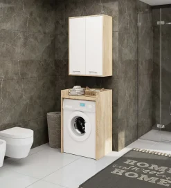 Armoire salle de bains suspendue AKORD FIN Chêne Sonoma 64 cm 2 portes pleine Blanche 4 étagères 64x30x94 cm