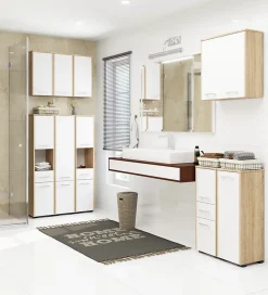 Armoire salle de bains suspendue AKORD FIN Chêne Sonoma 64 cm 2 portes pleine Blanche 4 étagères 64x30x94 cm