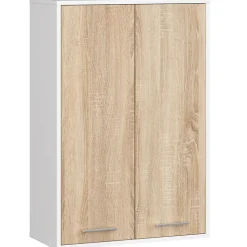 Armoire salle de bains suspendue AKORD FIN Blanche 64 cm 2 portes pleine Chêne Sonoma 4 étagères 64x30x94 cm