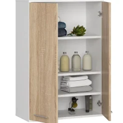 Armoire salle de bains suspendue AKORD FIN Blanche 64 cm 2 portes pleine Chêne Sonoma 4 étagères 64x30x94 cm
