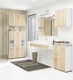 Armoire salle de bains suspendue AKORD FIN Blanche 64 cm 2 portes pleine Chêne Sonoma 4 étagères 64x30x94 cm